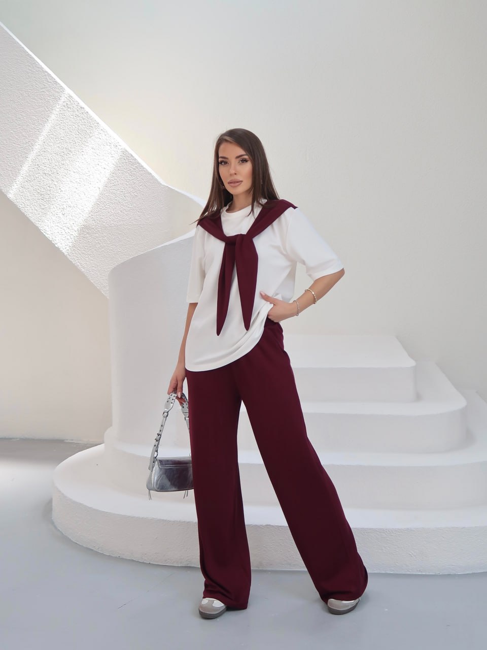 Y266 – Kadın Rosalie Modal Kumaş Atkı Detaylı Palazzo Pantolon Takım - Bordo