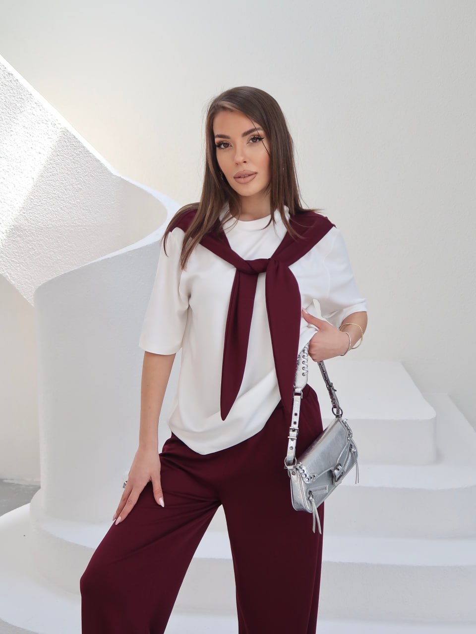 Y266 – Kadın Rosalie Modal Kumaş Atkı Detaylı Palazzo Pantolon Takım - Bordo