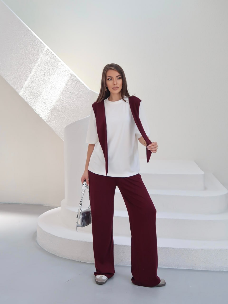 Y266 – Kadın Rosalie Modal Kumaş Atkı Detaylı Palazzo Pantolon Takım - Bordo