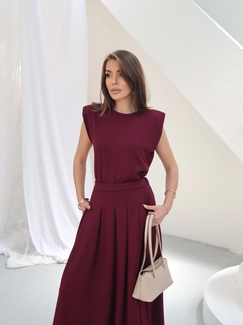 Y265 - Kadın Sovia Modal Kumaş Vatkalı Bluz Cepli Etekli Takım - Bordo